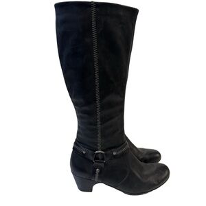 Reiker Leather Black Knee High 2” Heeled Boots Embroidery & Buckle Size 6 Moto